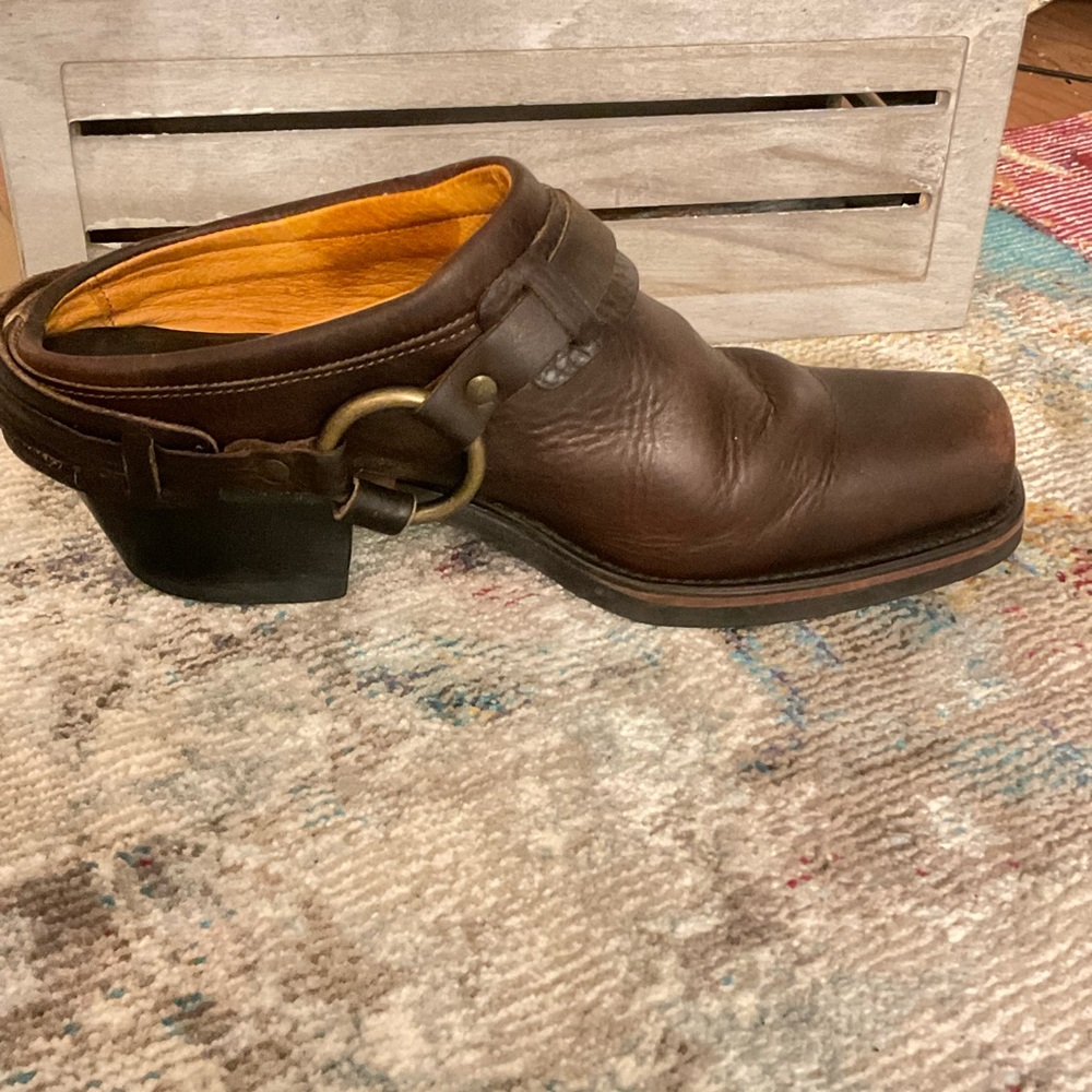 Frye Brown Leather Mules with Buckle Detail - Picture 10 of 16